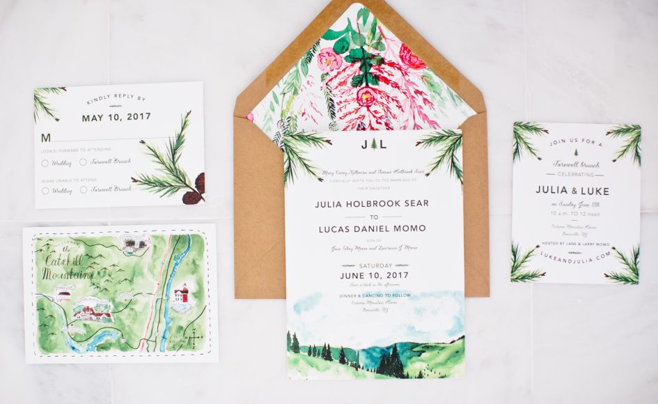 Catskill Mountains Wedding Invitation with A7 Envelopes Green